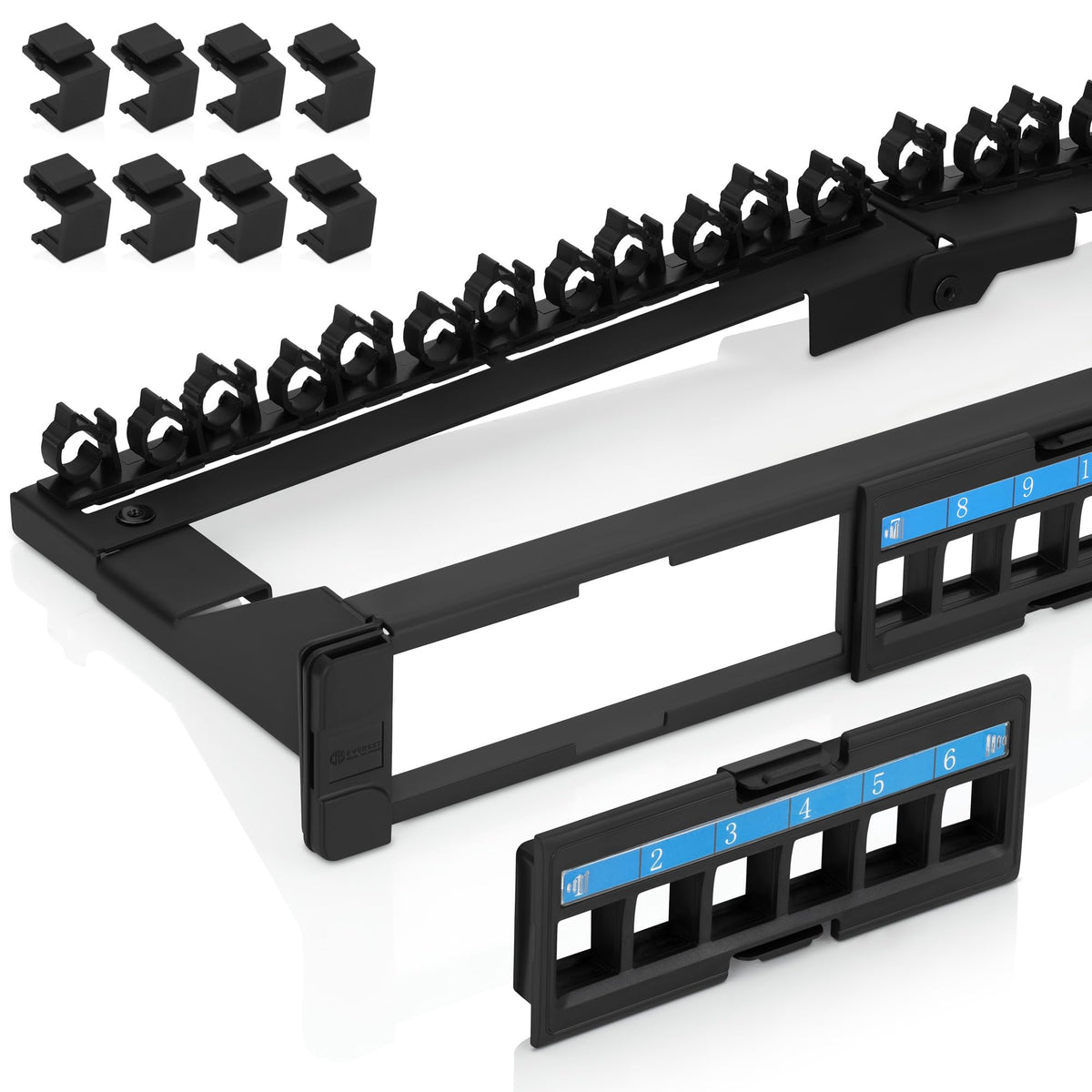 Everest 24-port Keystone Patch Panel front view showing compact port layout for high-density setups.