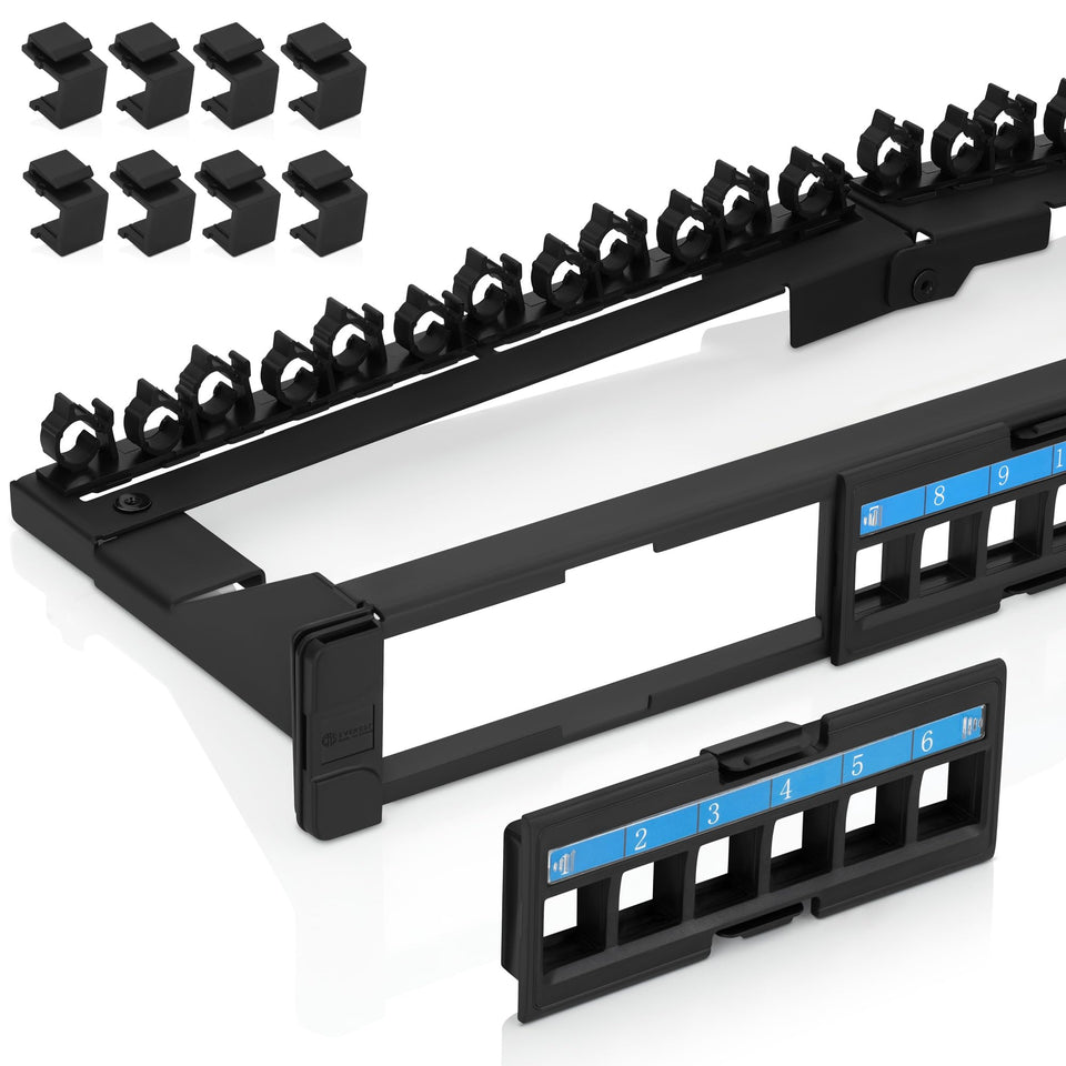 Everest 24-port Keystone Patch Panel front view showing compact port layout for high-density setups.