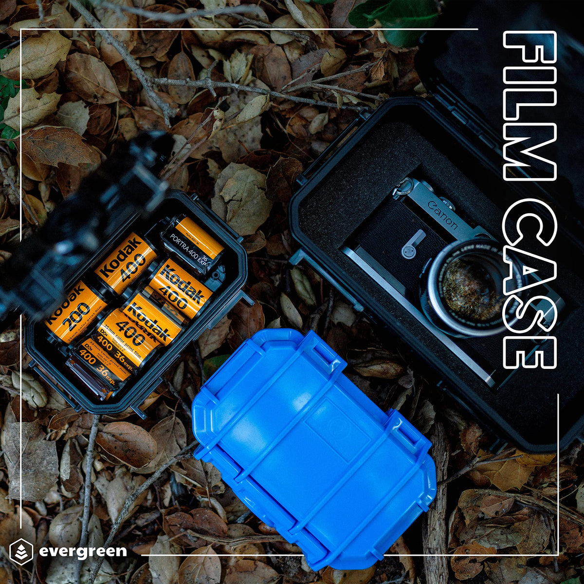 Evergreen film storage case holds five 120 rolls in a compact blue shell for on-site shoots.