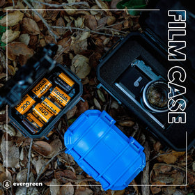 Evergreen film storage case holds five 120 rolls in a compact blue shell for on-site shoots.