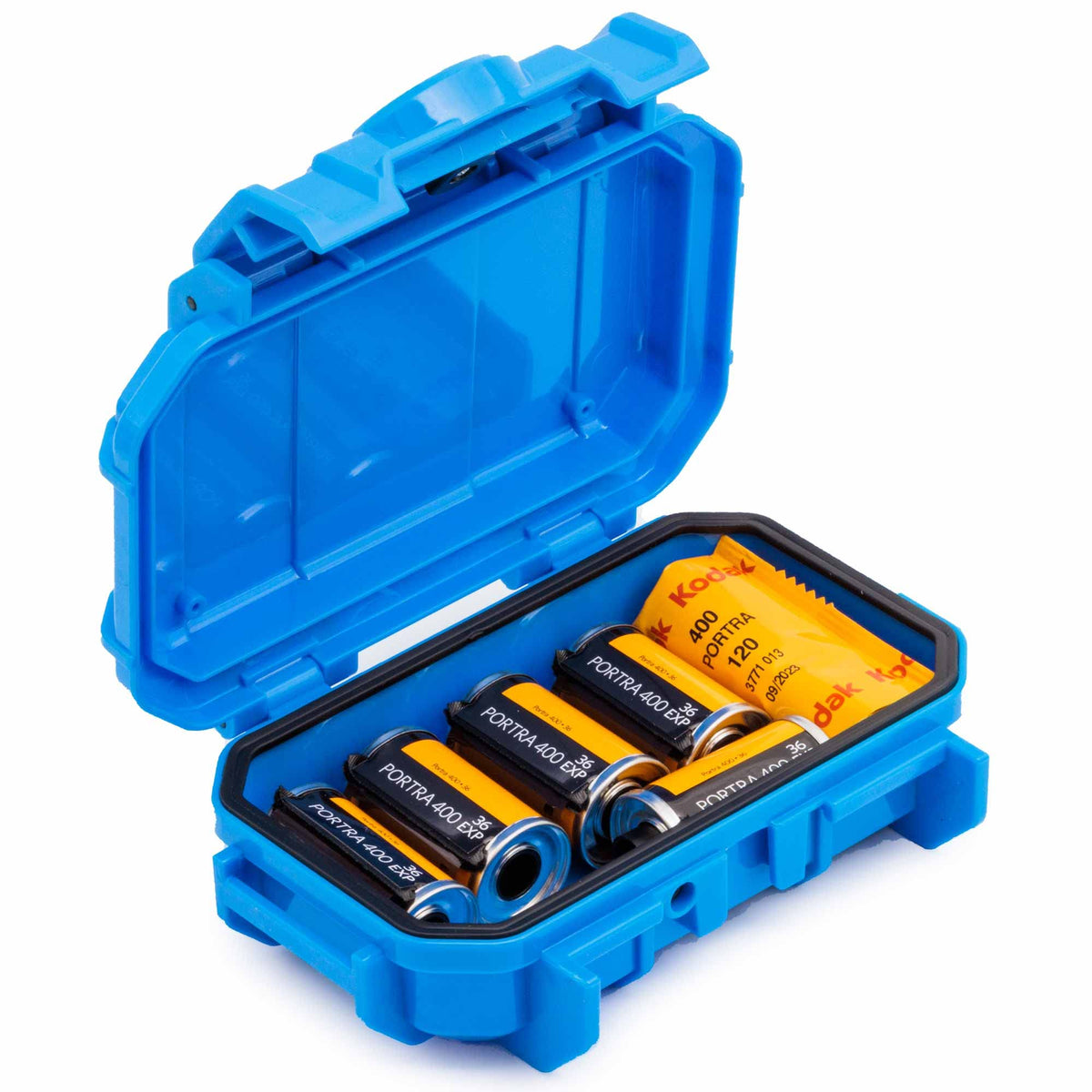 Evergreen film storage case stores seven 35mm rolls in a rugged blue enclosure for travel.