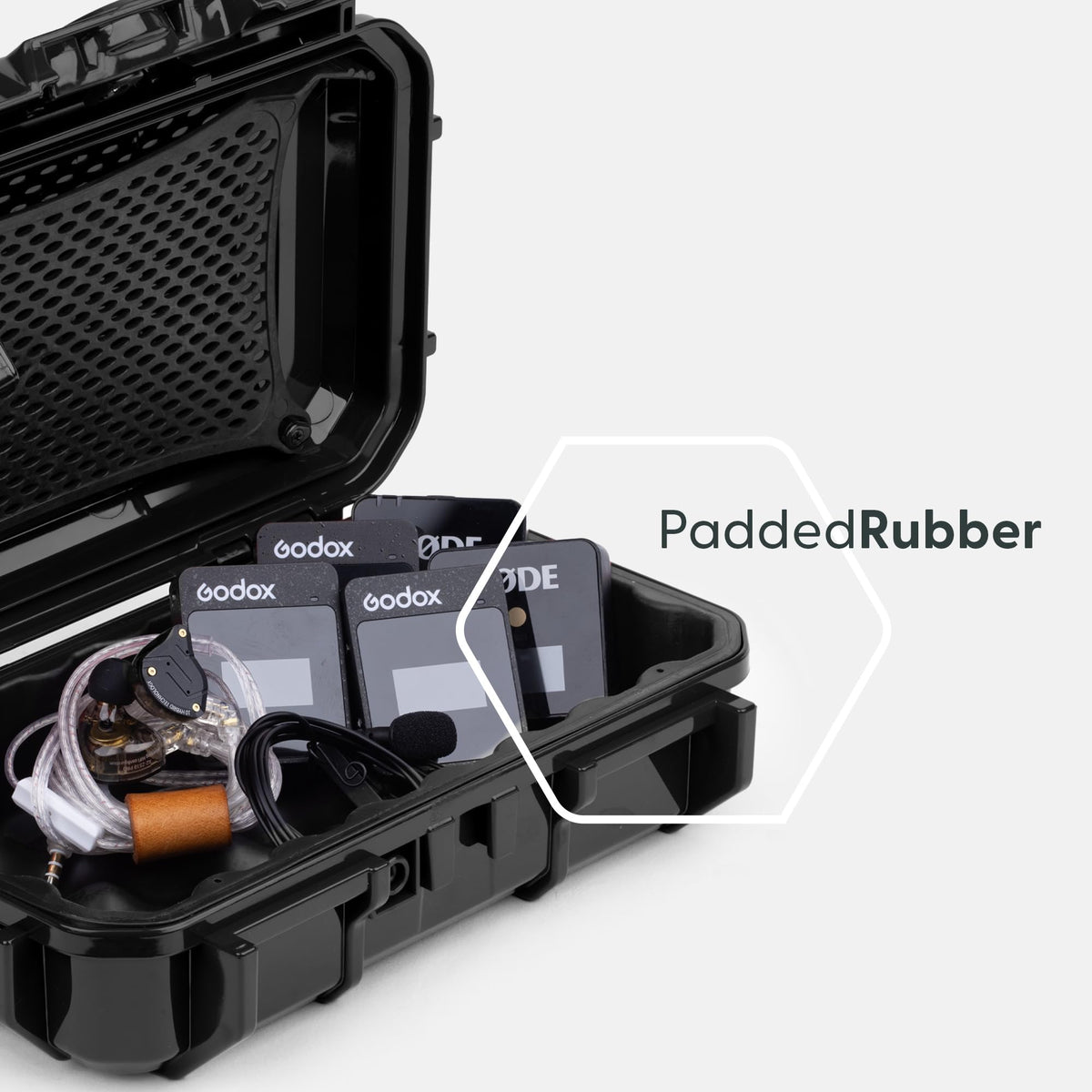 Evergreen IEM case lid organizers demonstrate cables and accessories neatly stored.