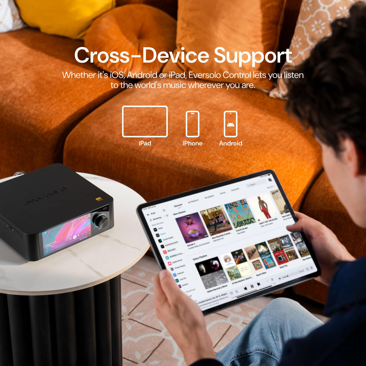 Room correction feature on Eversolo Play balances acoustics for even sound.
