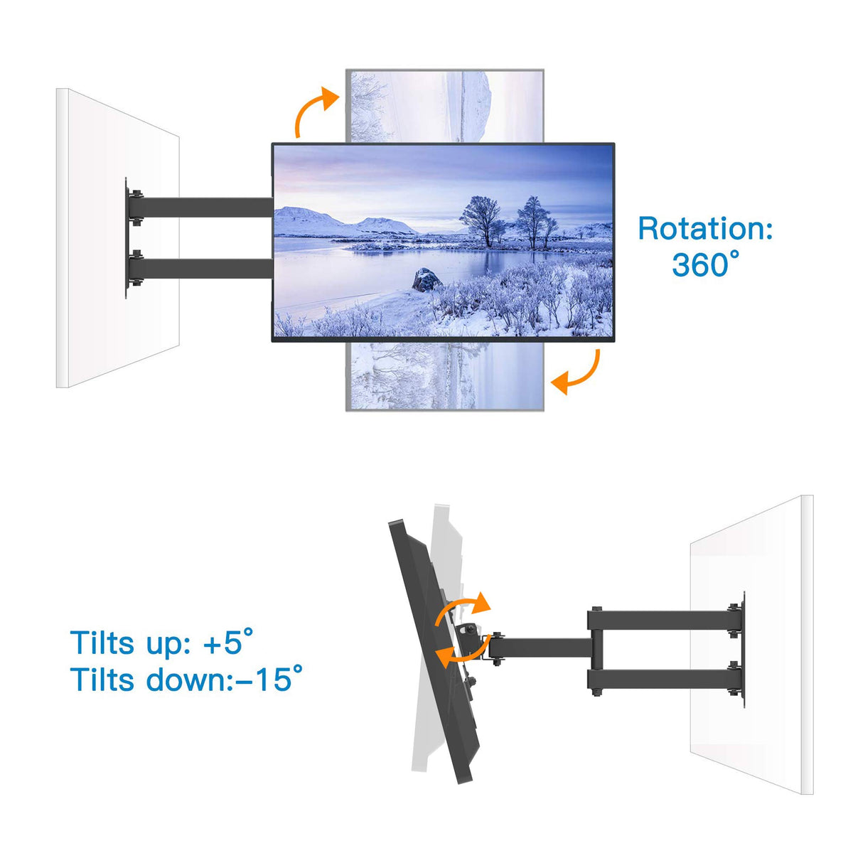 Everview full motion TV mount enables 360° rotation for dynamic positioning.