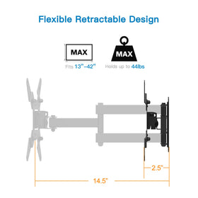 Everview full motion mount tilts 5° up and 15° down to reduce glare.