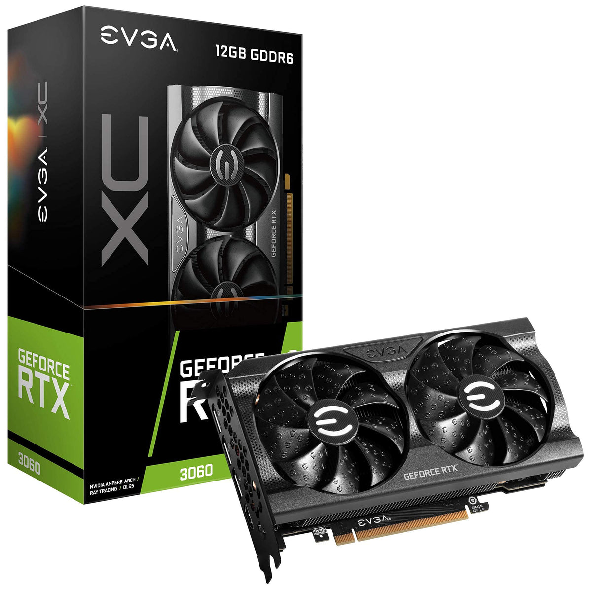 EVGA GeForce RTX 3060 XC Gaming front view with dual fans for cooling.