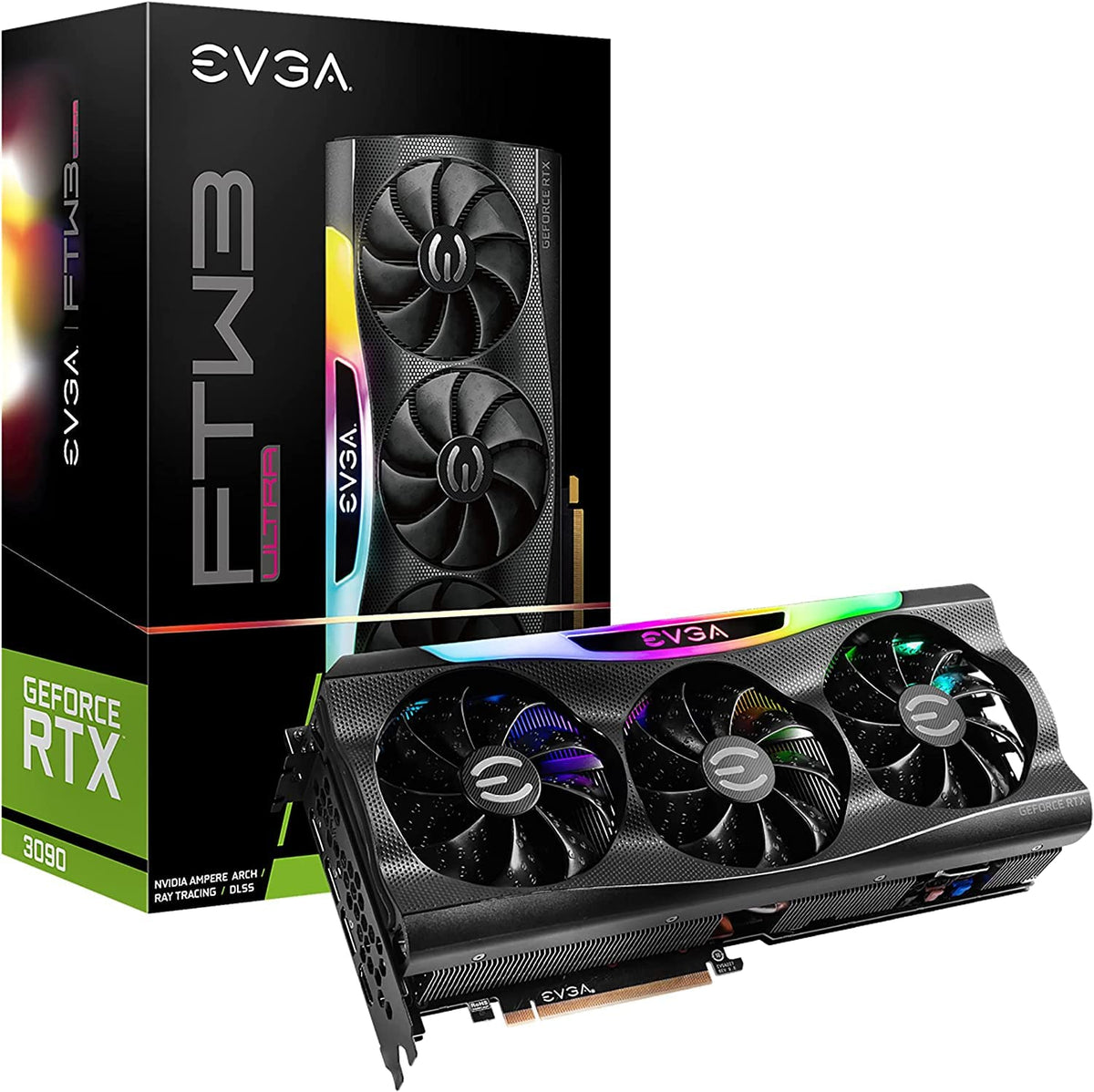 EVGA GeForce RTX 3090 FTW3 Ultra front view showing cooling and ARGB lighting