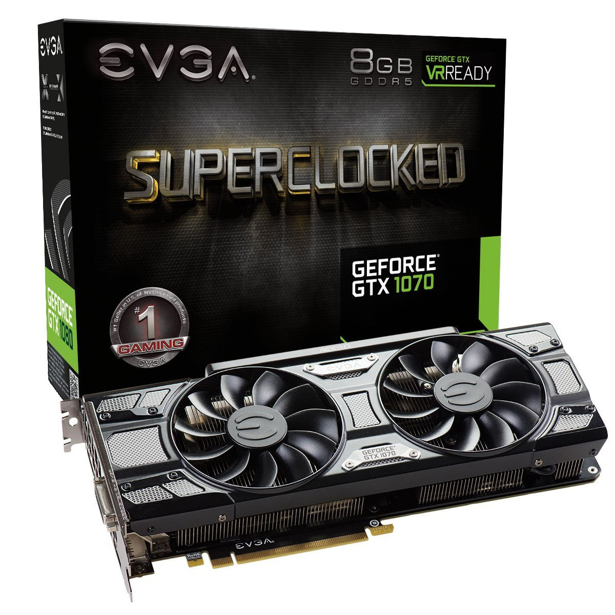 EVGA GTX 1070 SC Gaming ACX LED card front shows vibrant lighting and sleek design.