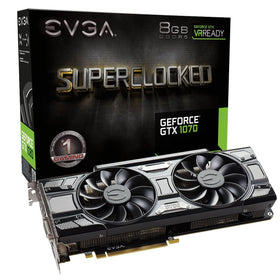 EVGA GTX 1070 SC Gaming ACX LED card front shows vibrant lighting and sleek design.