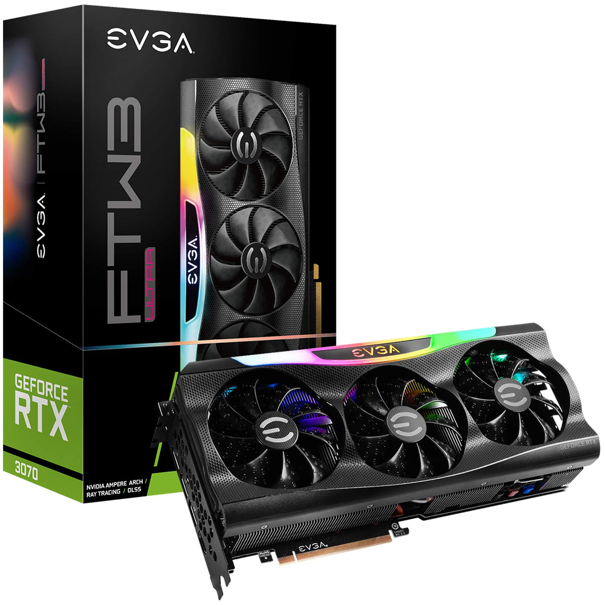 EVGA RTX 3070 FTW3 Ultra Gaming front view with ARGB accents for a striking build