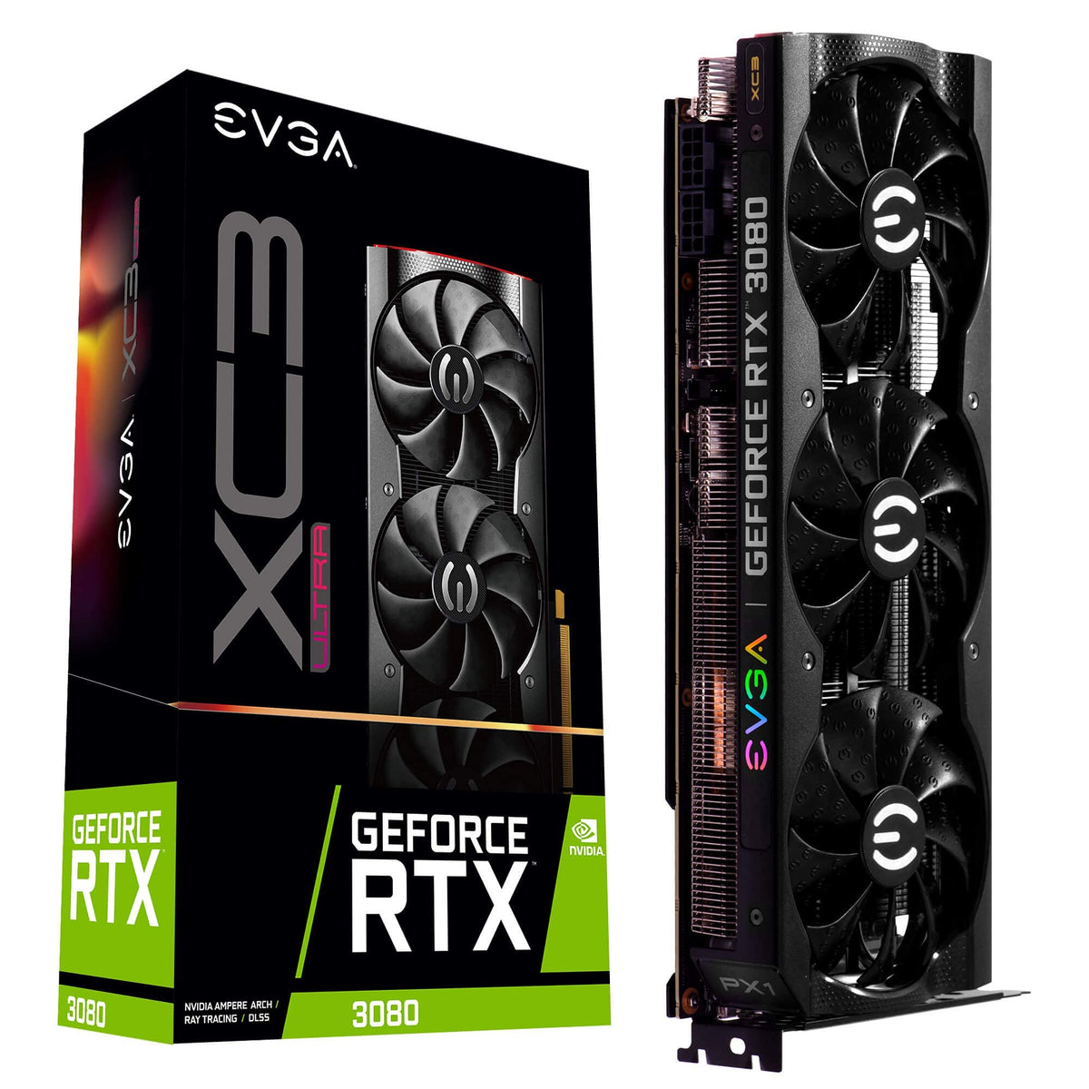 EVGA RTX 3080 XC3 Ultra front view shows branding and robust cooling in action