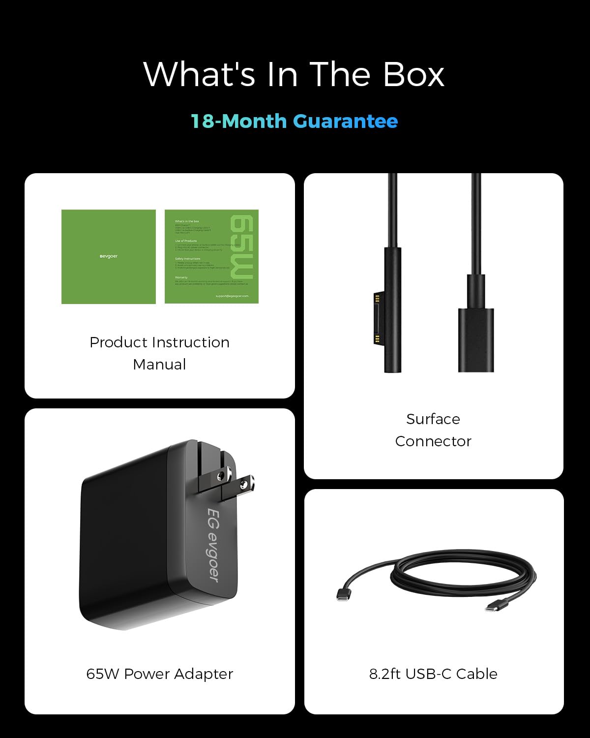 EG evgoer box with all contents laid out showing included accessories and warranty