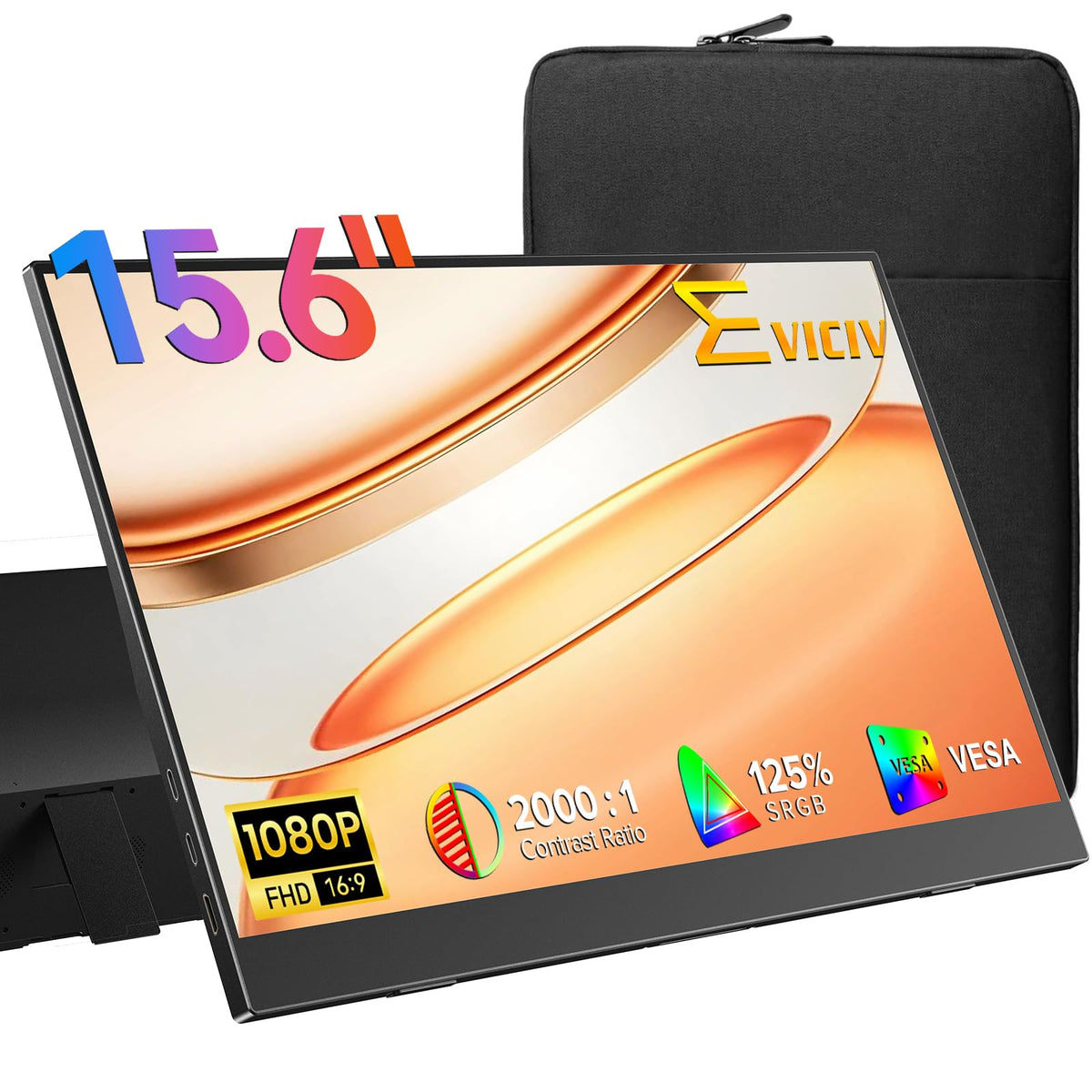 EVICIV 15.6-inch portable monitor front view highlights its slim profile for travel setups.