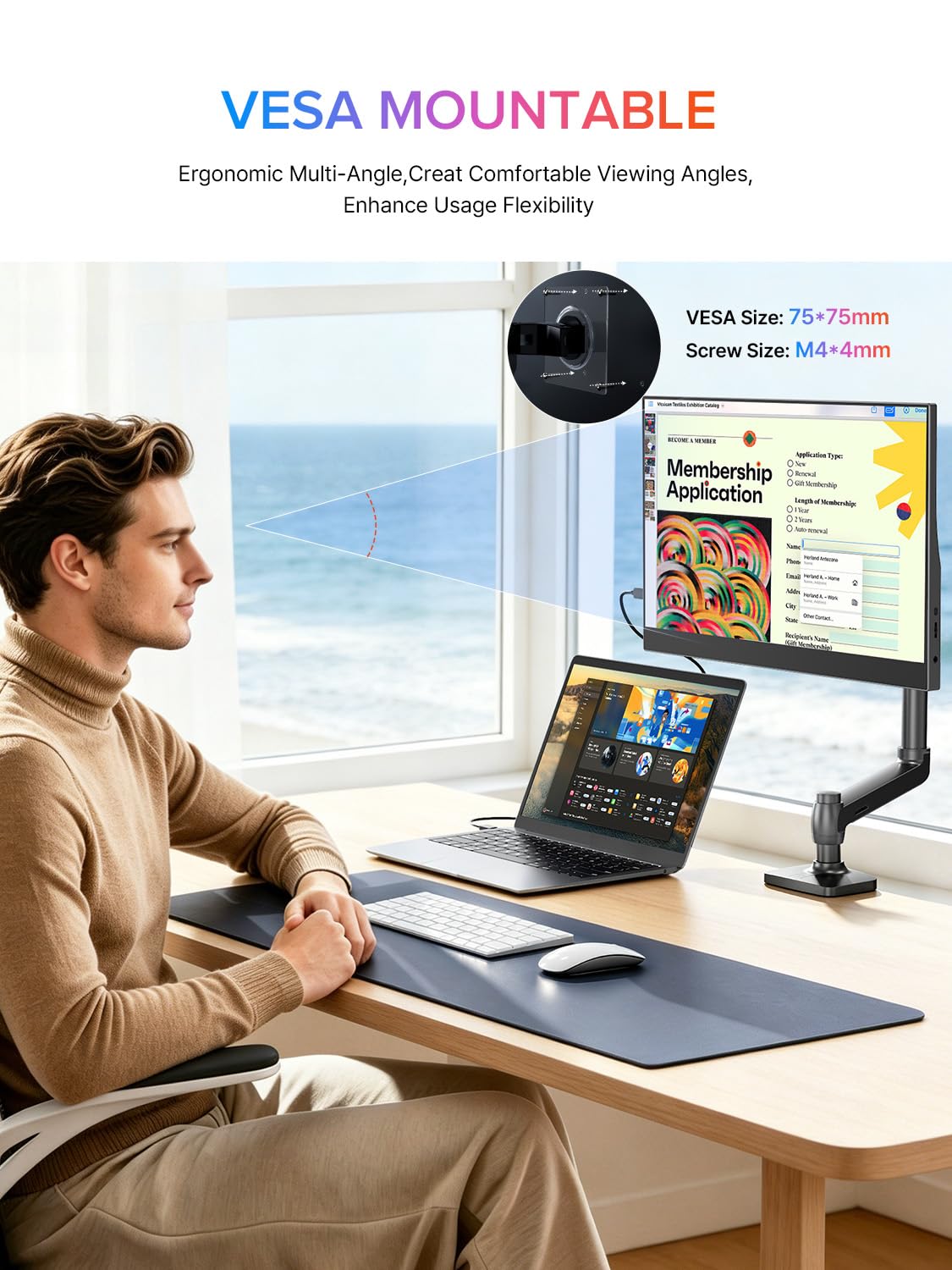 EVICIV portable monitor with built-in stand and VESA offers ergonomic positioning and versatile mounting.