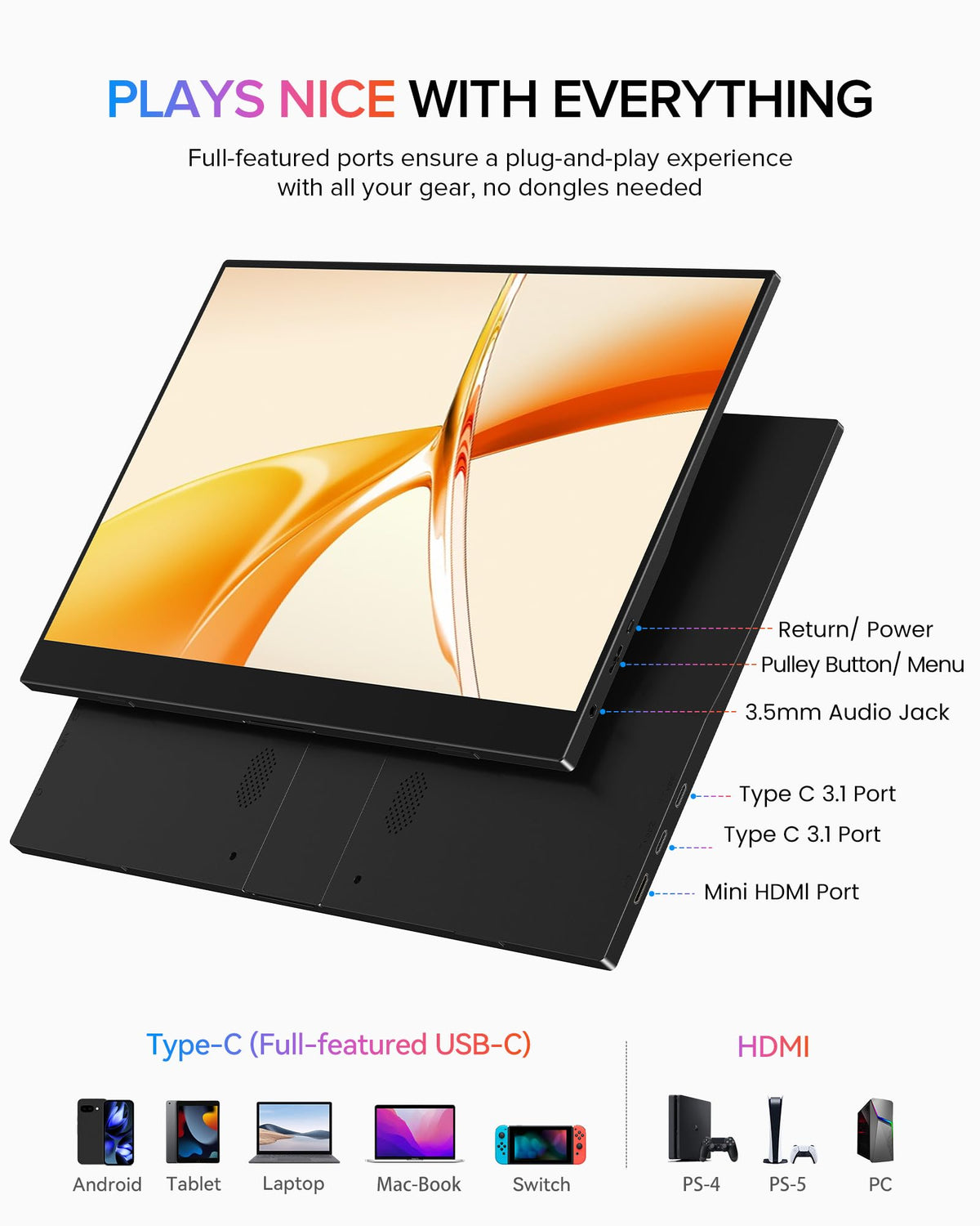 EVICIV 15.6-inch display fits desktop setups via VESA or portable desks.