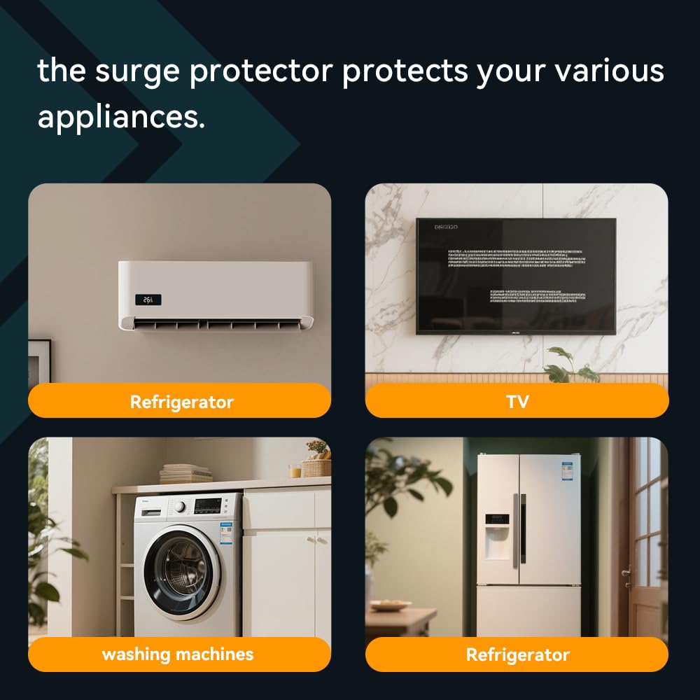 EvoDevice EVOSPD2SURGE beside household appliances illustrating device protecting electronics and HVAC systems.