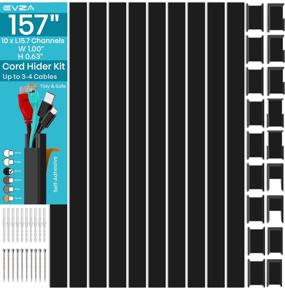 EVZA cord hider kit package overview shows a sleek setup with ample cable hiding capacity.