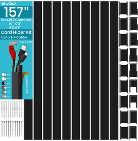 EVZA cord hider kit package overview shows a sleek setup with ample cable hiding capacity.