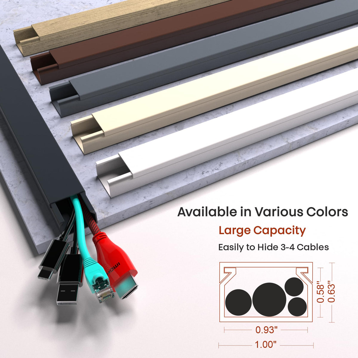 EVZA cord hider tidies a living space by concealing cables under a wall-mounted TV.
