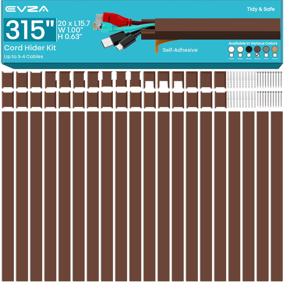 EVZA front packaging of brown cable raceway kit shows completeness and convenience