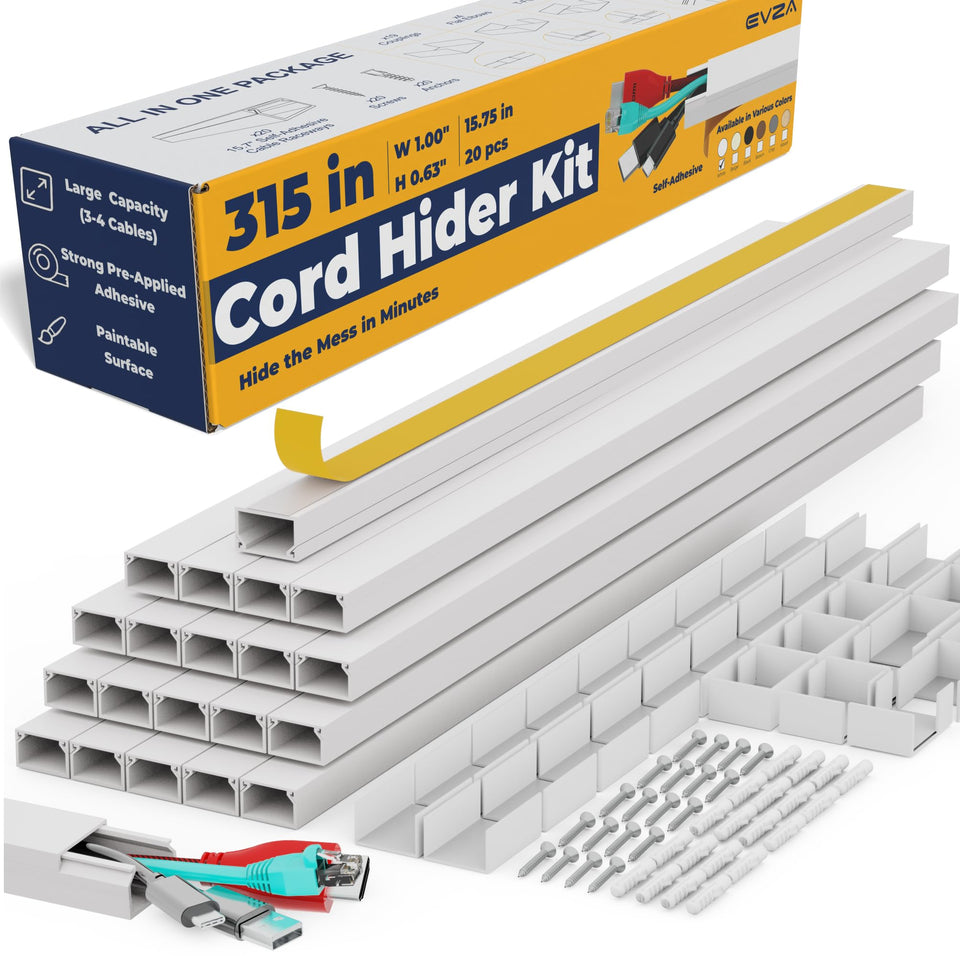 evza front packaging showing complete cord hider kit and parts benefits