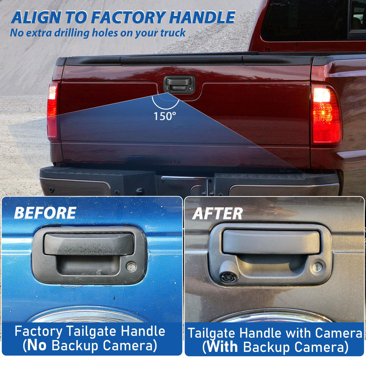 EWAY tailgate handle rear camera for F-Series enhances trailer maneuvering safety.