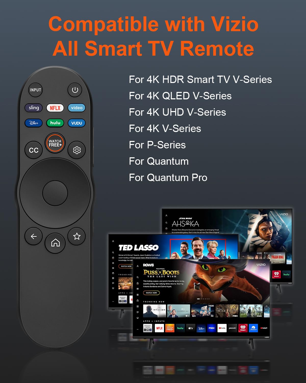 EWO'S universal remote XRT260 side view for quick replacement of Vizio models.