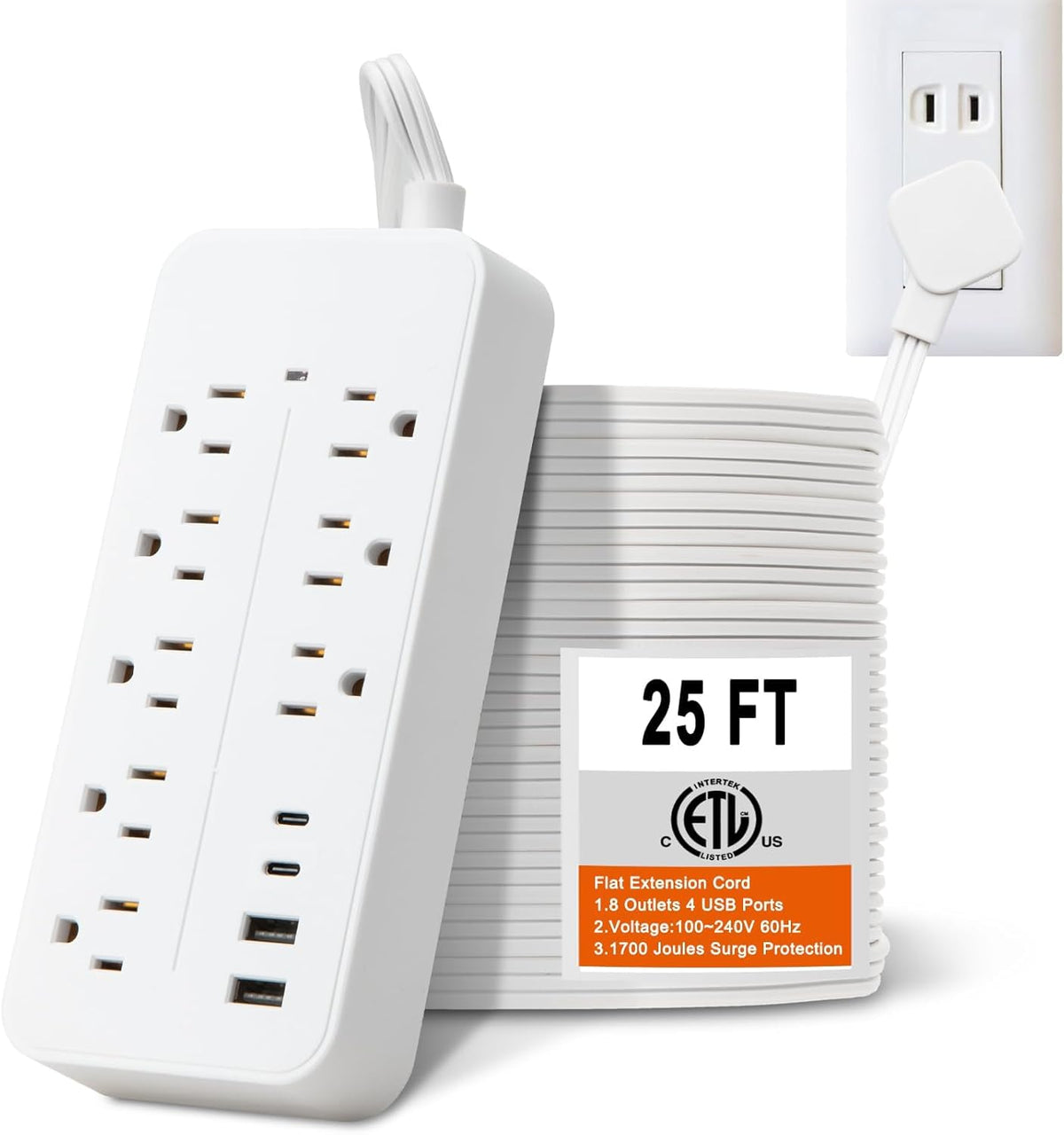 EXGOLGRIK front view of 8-outlet and 4-USB power strip showing organized charging