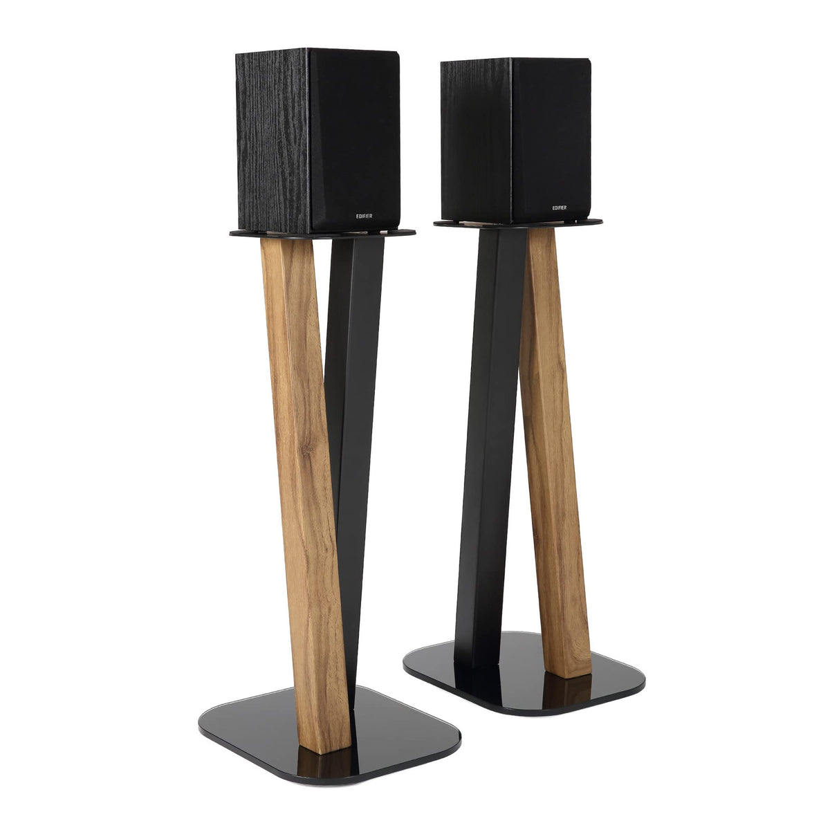 EXIMUS fixed-height universal speaker stands in oak black, side view for a sleek home theater