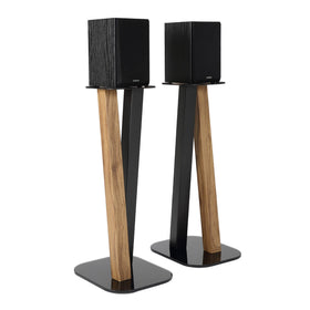EXIMUS fixed-height universal speaker stands in oak black, side view for a sleek home theater