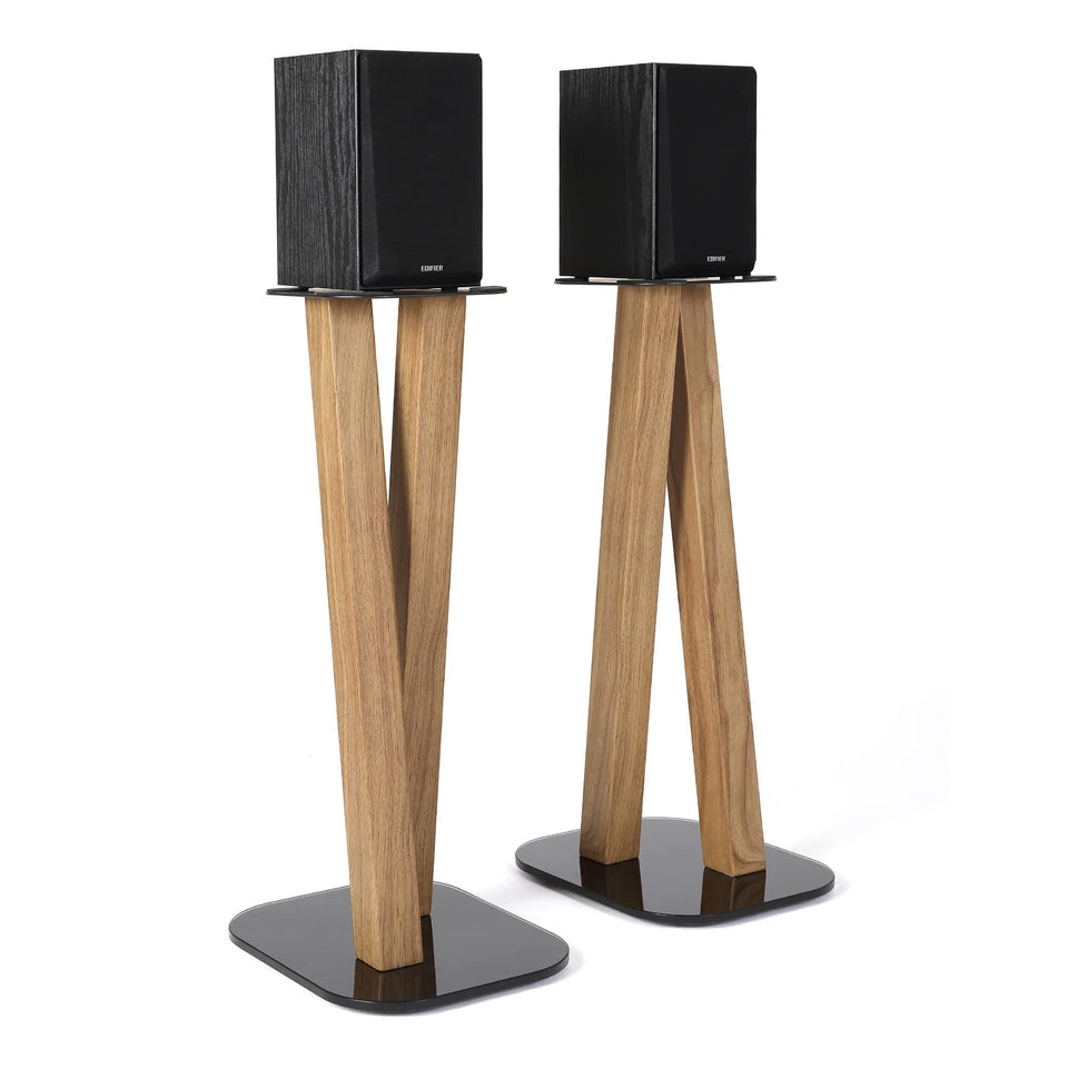 EXIMUS One Pair Floor Stands with oak base provide stable support for compact speakers.