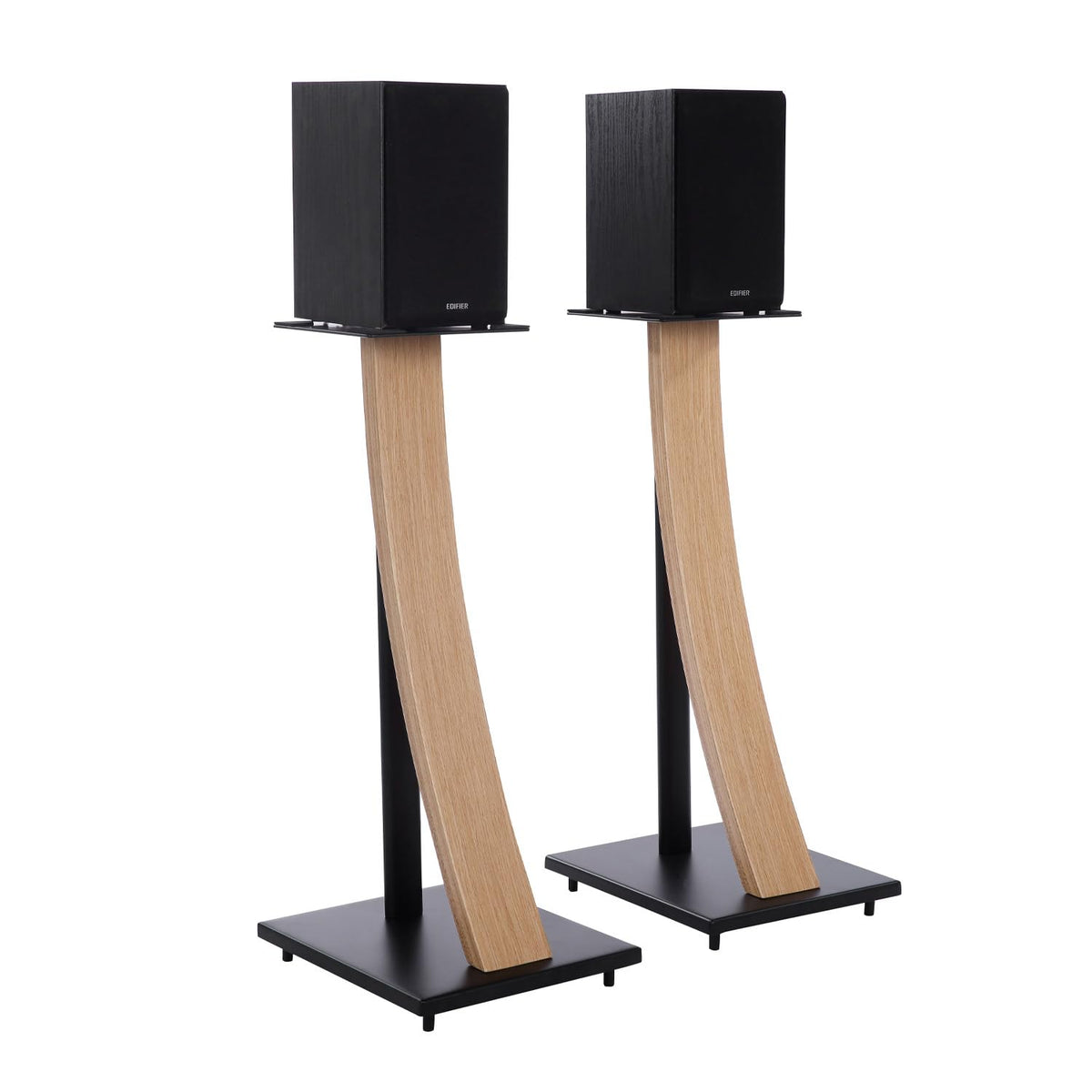 EXIMUS One Pair fixed-height stand, side view, stabilizes compact bookshelf speakers.
