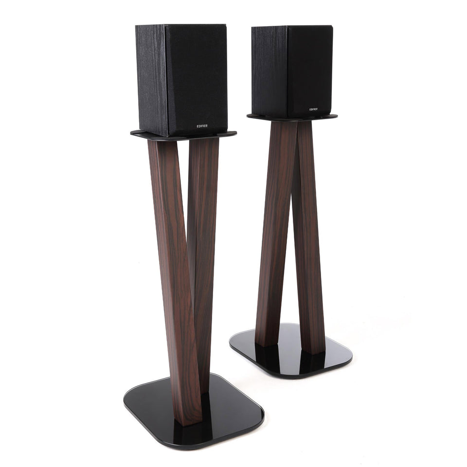 EXIMUS One Pair espresso speaker stands with X-frame and concealed cables for a clean setup