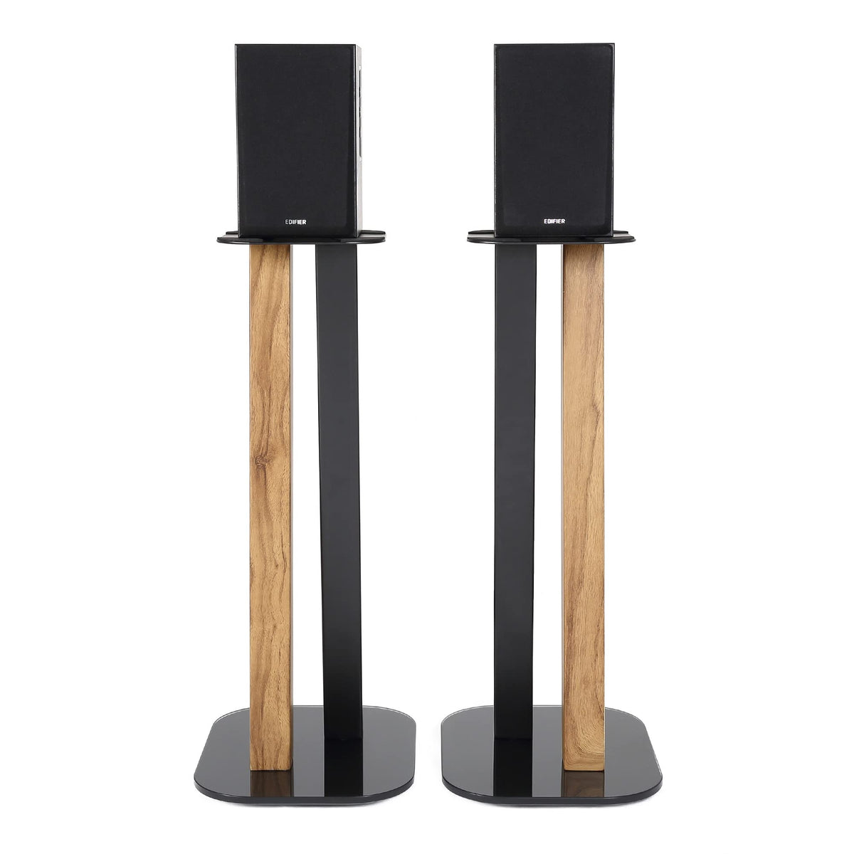 EXIMUS universal speaker stands oak black top view showing cable routing