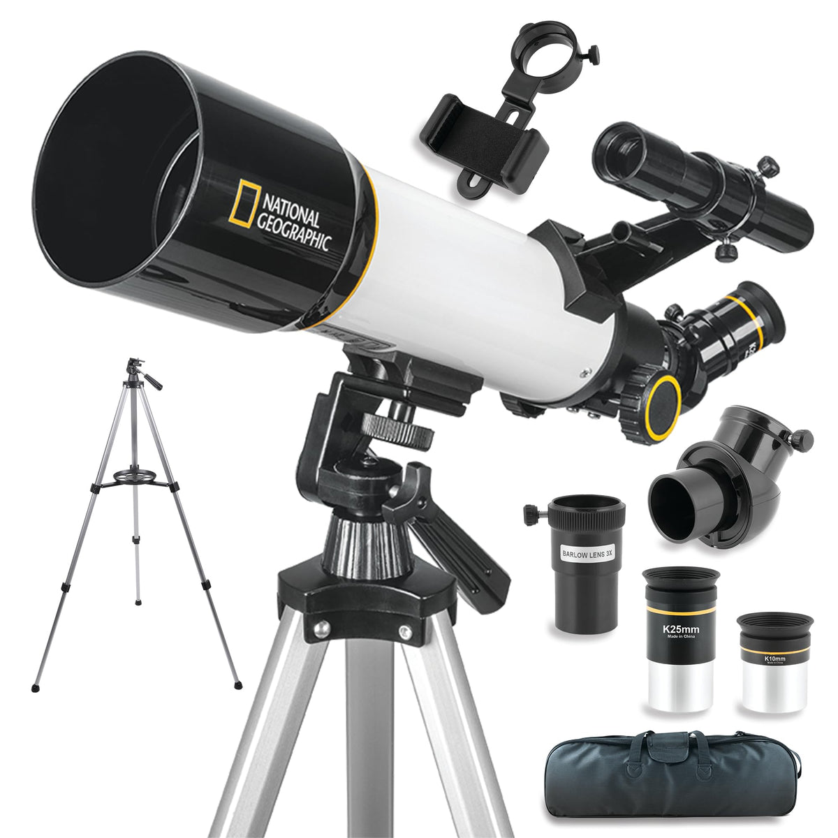 Explore Scientific Sky View 70mm telescope front view showing included accessories and portability benefits