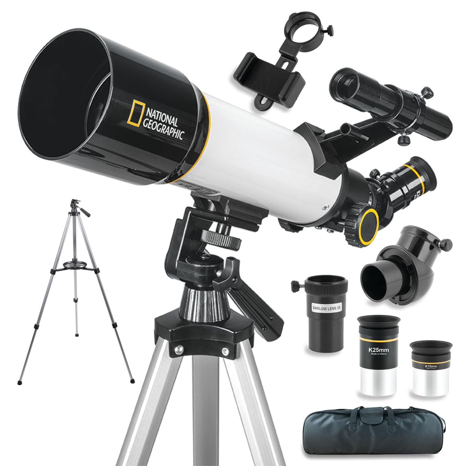 Explore Scientific Sky View 70mm telescope front view showing included accessories and portability benefits