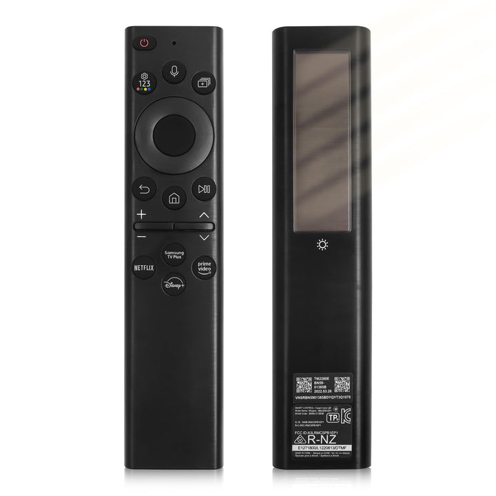 ExploreHome remote front view showing buttons and voice key for easy control