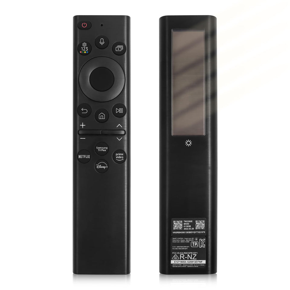ExploreHome remote front view showing buttons and voice key for easy control