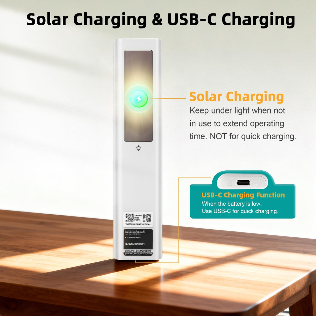 ExploreHome remote back with solar panel visible for eco-friendly charging