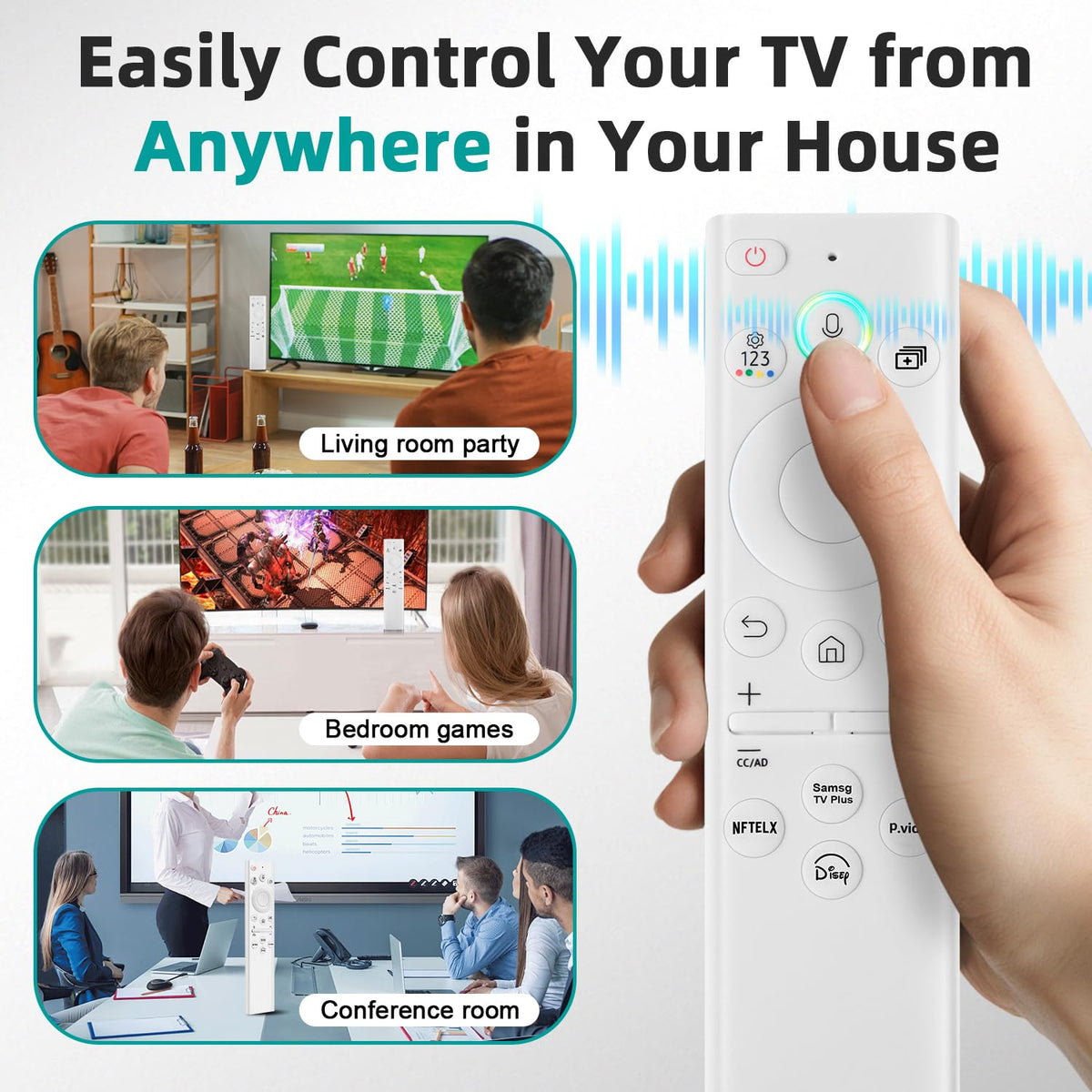 ExploreHome remote on living room table controlling Samsung Frame TV