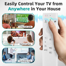 ExploreHome remote on living room table controlling Samsung Frame TV