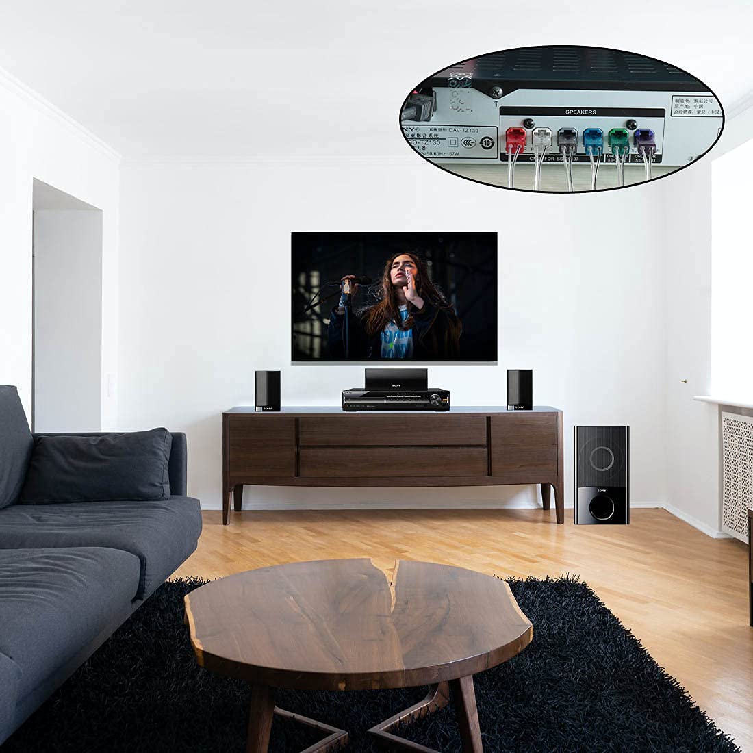 ExploreHome lifestyle living room setup illustrating easy installation and tidy speaker routing