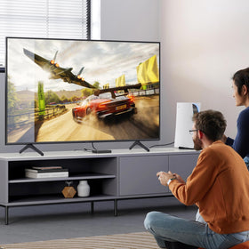 ExploreHome lifestyle shot of TV on console showing improved stability and aesthetics