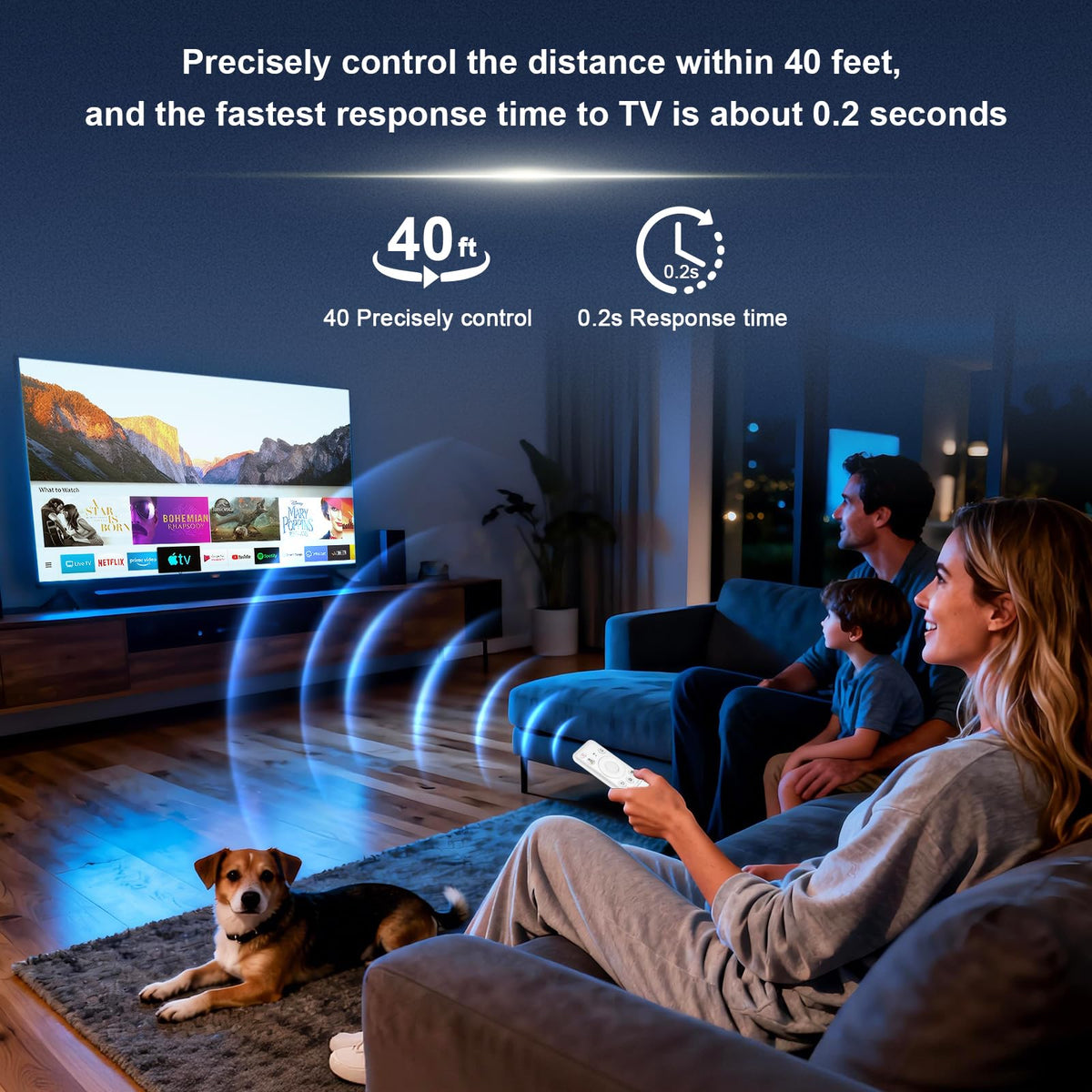 ExploreHome remote pictured beside Samsung TV in living room for seamless setup