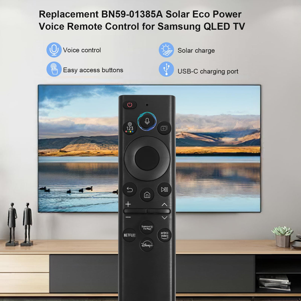 ExploreHome remote on living room table controlling smart TV for effortless viewing