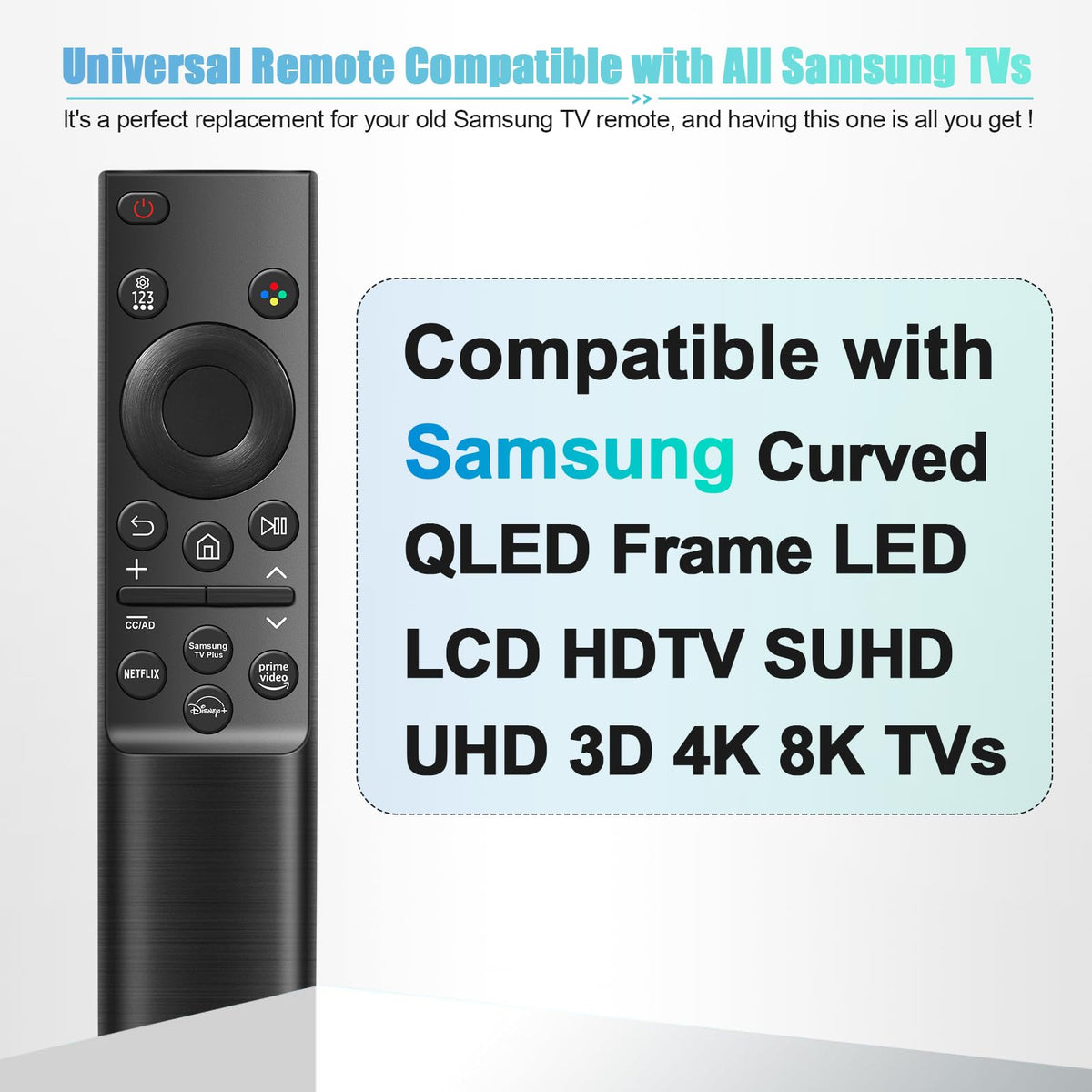 ExploreHome universal Samsung remote front buttons, tactile feedback for precise control.