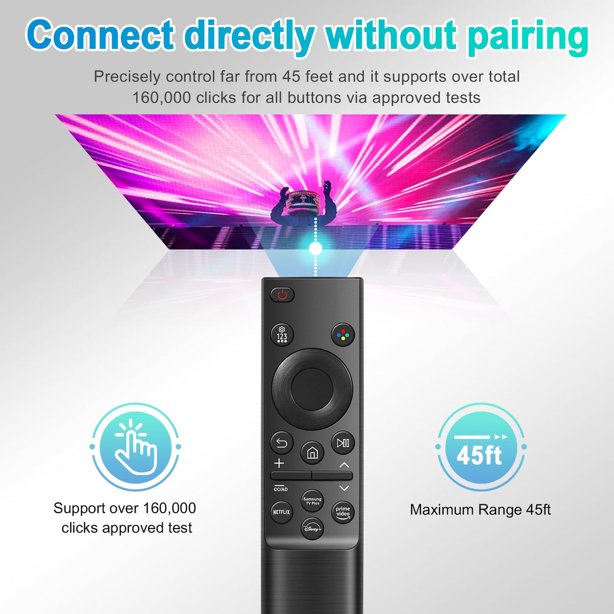 ExploreHome universal Samsung remote range up to 45 feet for flexible viewing.