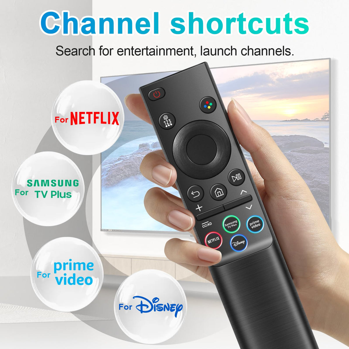 ExploreHome universal Samsung remote shortcut-buttons, quick access to apps.