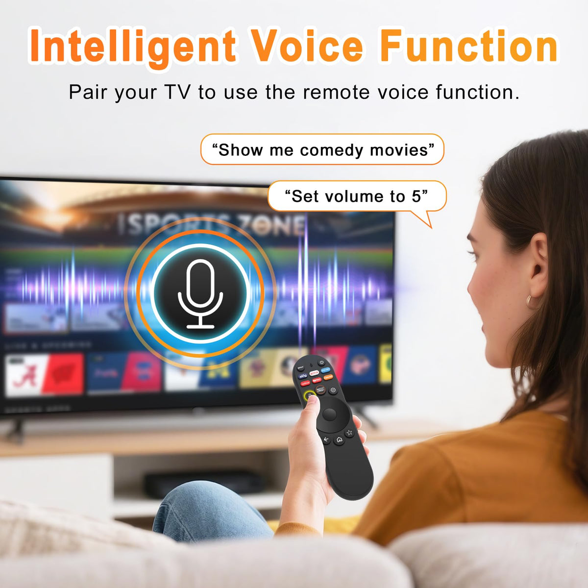 Closeup of button layout on the ExploreHome remote for VIZIO, ergonomic grip.