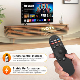 Voice control capability demonstrated with ExploreHome remote for VIZIO, hands-free operation.